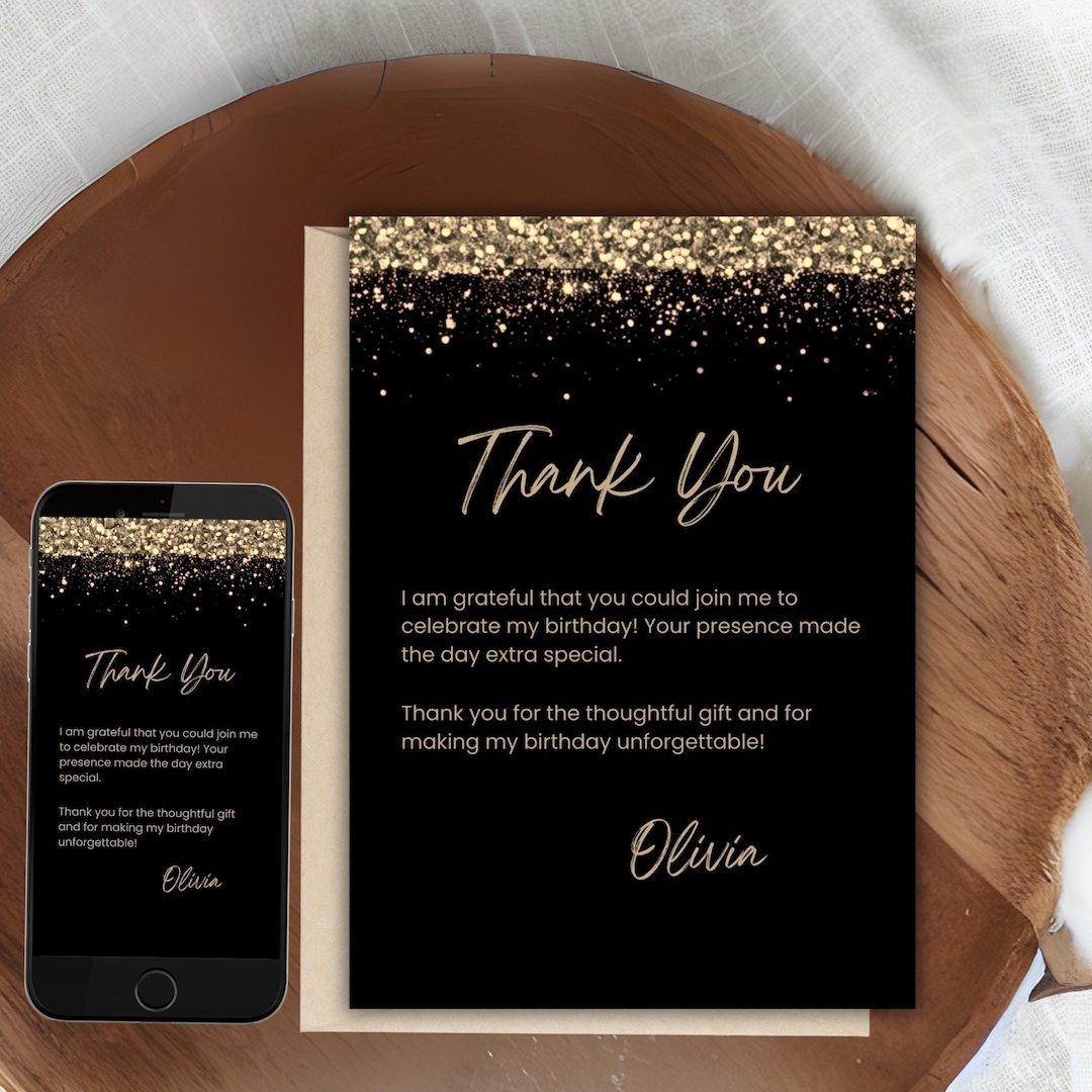 Black and Gold Thank You Card Template: Birthday, Wedding (digital ...