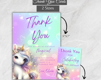 May include: Two thank you card designs featuring a unicorn with a rainbow background and glitter. The larger card is 5 inches by 7 inches and the smaller card is 3.5 inches by 5 inches. The text on the cards reads "Thank You for Making My Birthday Magical" and "Thank You for Celebrating Olivia's Birthday".