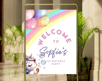 Sjabloon Welkomstbord verjaardag eenhoorn: DIY-feestdecor (digitale download)