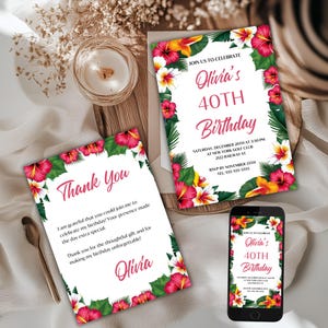 Convite para 40º aniversário, DOWNLOAD INSTANTÂNEO, Convite Tropical para Quadragésimo Aniversário, Convite Editável com Flores de Hibisco e Cartão de Agradecimento, Festa no Jardim