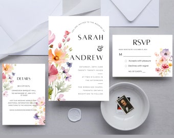 Wildflower Wedding Invitation Suite: Printable Floral Details, RSVP (Digital Download)