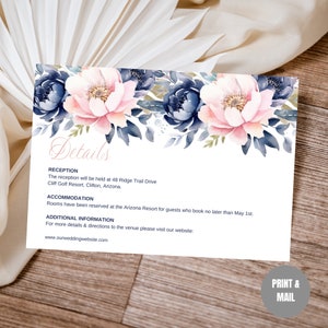 Bearbeitbare Hochzeitsdetails Kartenvorlage Sofortiger Download, druckbare blaue und rosa Blumenhochzeitsfeier und Anpassungsdetails Karte