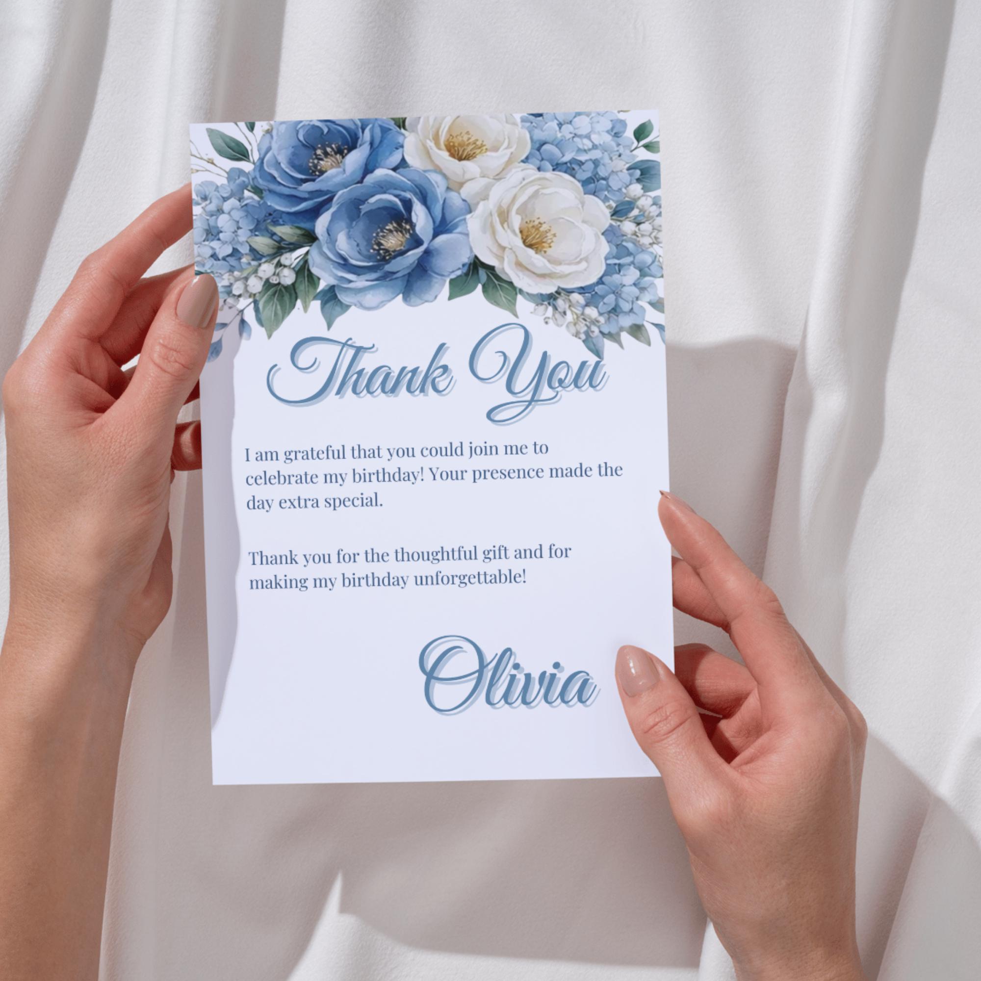 Editable Blue Floral Thank You Card Template: Birthday, Wedding ...