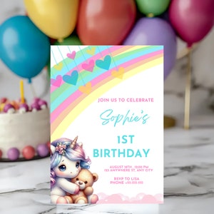 Editable Unicorn Rainbow Birthday Invitation, 1st Birthday, First birthday invite, Unicorn Party, Rainbow Invitation, Instant Download