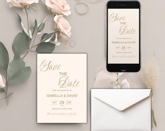May include: A save the date card with a cream background and gold lettering. The card reads "Save the Date" for the wedding of Isabella & David on Saturday, June 29, 2025 in Brooklyn, New York. The card also includes the text "Formal invitation to follow."