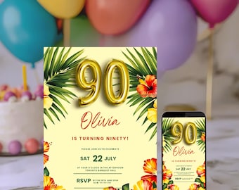 May include: A tropical-themed 90th birthday party invitation featuring a gold balloon number 90, green palm leaves, and red hibiscus flowers. The invitation reads "Olivia is turning ninety!" and includes the date and time of the party.