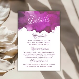 Modèle de carte modifiable de détails de mariage bordeaux à téléchargement immédiat, carte de réception et de détails de mariage aquarelle imprimable