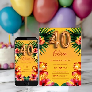 Tropical 40th Birthday Invitation: Summer Beach Party (Printable & Digital Canva Template)