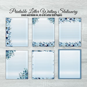 Set d'écriture lettre bleu imprimable - Lettre US florale, A4 et A5 ligné et vierge | Téléchargement instantané, notes et papier journal