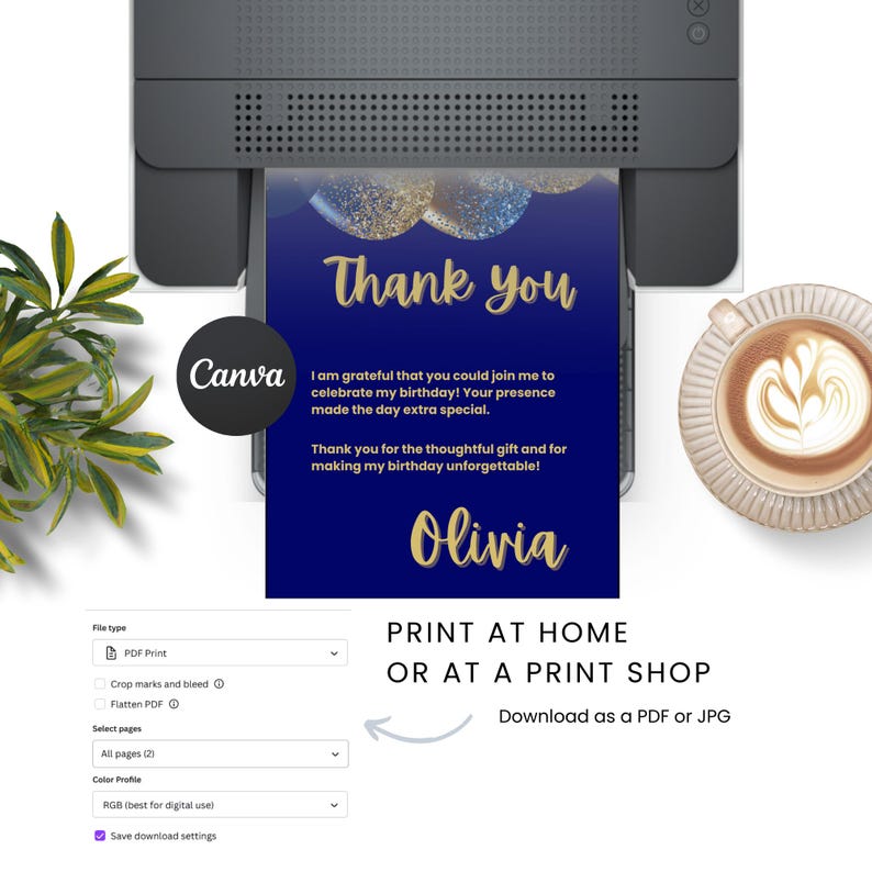 Editable Blue and Gold Birthday Thank You Card, INSTANT DOWNLOAD, Canva ...