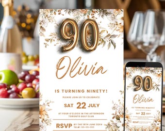 Peut inclure: Une invitation à une fête d'anniversaire pour un 90e anniversaire avec un motif floral. L'invitation présente un ballon en forme de chiffre 90 doré et le nom Olivia. Le texte sur l'invitation se lit comme suit : "Is turning ninety! Please join us to celebrate Sat 22 July at four o'clock in the afternoon Toronto Gulf Club RSVP by the 18th June 20XX Tel: 111-111-1111".