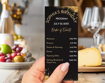 Black and Gold Birthday Program Template: Editable Order of Events (Instant Download)