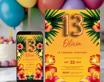 May include: A birthday invitation and a smartphone display, both featuring a vibrant design. The invitation and phone screen display the number "13" in gold, the name "Olivia", and tropical floral elements. The invitation includes event details.