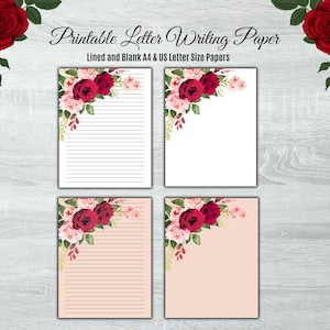 Papel de escritura de San Valentín, papel de escritura de cartas de rosa roja imprimible, papel de carta de amor, juego de papelería, notas de amor, descarga instantánea