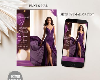Photo 21st Birthday Invitation: Purple Sparkle Design (Digital Download)