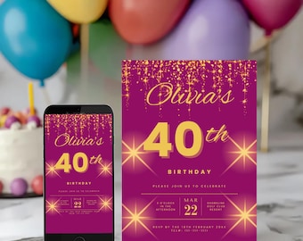 Puede incluir: Una invitación de cumpleaños magenta y una pantalla de teléfono inteligente que muestra el mismo diseño. La invitación dice "Olivia's 40th Birthday" en letras doradas, con detalles del evento. Globos en el fondo.