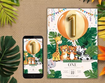 May include: A digital invitation for a first birthday party with a jungle theme. The invitation features a cartoon giraffe, zebra, elephant, and two tigers. The number one is in a gold balloon shape and is surrounded by green leaves. The text on the invitation reads "Olivia is turning one" and includes the date and time of the party.