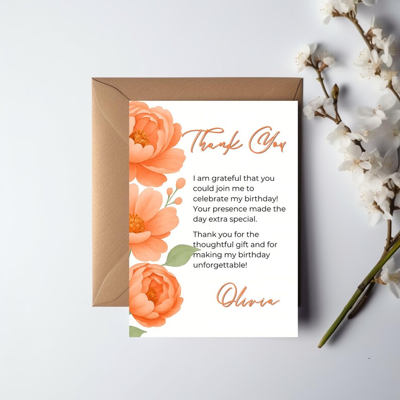 Editable Peach Floral Birthday Thank You Card Template, Printable and ...