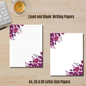 Printable Red  Floral Letter Writing  Papers, Lined and Blank Writing Stationery| Instant Download, Notes and Journal Paper