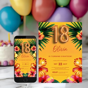 18th Birthday Invitation INSTANT DOWNLOAD, Eighteenth Birthday Invite, Printable Tropical  Invite, Hawaiian Invite Summer Beach Party