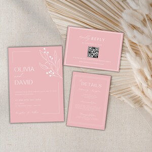 May include: Pink wedding invitation suite featuring a floral design. The invitation card reads "Olivia and David" and includes the date and time of the wedding. The RSVP card includes a QR code and the text "Kindly Reply by November 30, 2023". The details card includes the text "The Details" and lists the ceremony and reception locations.