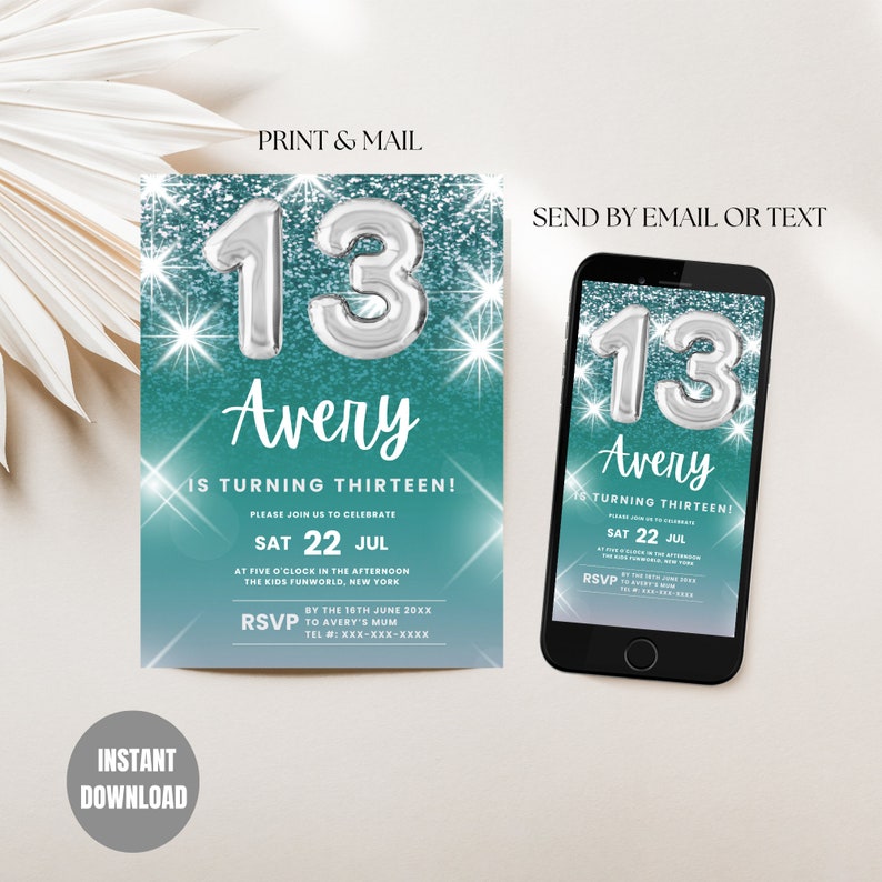 Editable 13th Birthday Invitation, Thirteenth Birthday Invite ...