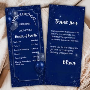 May include: Two rectangular navy blue birthday program cards featuring a starry night background with glittery blue balloons. The left card lists the order of events for Olivia's birthday on July 4, 20XX. The right card displays a thank you message.