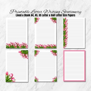 Roze bloemenletterschrijfset-US Letter, Half Letter, A4 & A5 gevoerd en blanco schrijfpapier | Direct downloaden, notities en dagboekpapier