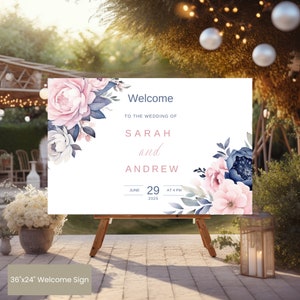 Floral Wedding Welcome Sign Template: Blue & Pink (Digital Download)