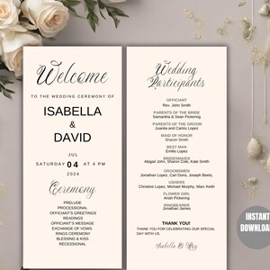 May include: A wedding program with the names Isabella & David, date July 4, 2024, and ceremony details. The program is in a cream color with elegant black script. The words "Welcome" and "Wedding Participants" are at the top.