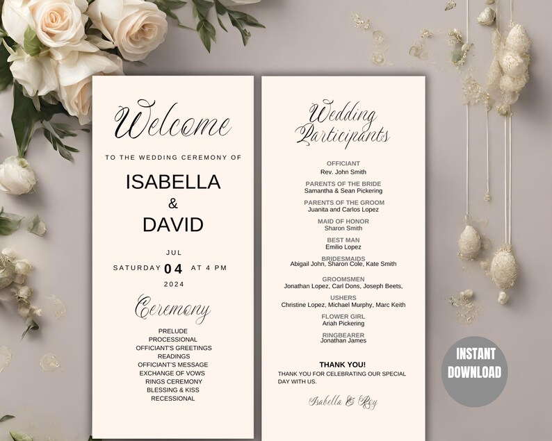 May include: A wedding program with the names Isabella & David, date July 4, 2024, and ceremony details. The program is in a cream color with elegant black script. The words "Welcome" and "Wedding Participants" are at the top.