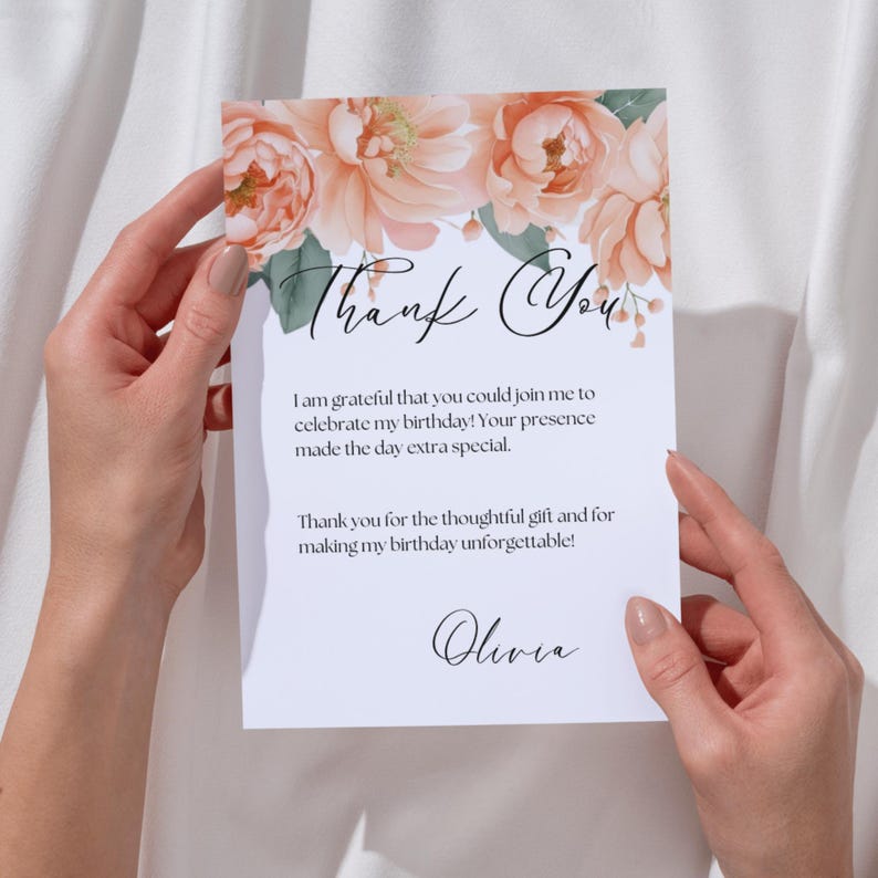 Peach Floral Birthday Thank You Card, Printable Wedding Thank You Card ...