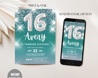 Teal Sparkle 16e verjaardagsuitnodiging: bewerkbare sjabloon (digitale download)