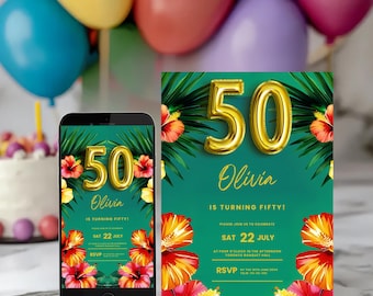 Op de afbeelding: Een smartphone en uitnodigingskaart met een tropisch thema voor een 50e verjaardag. De uitnodiging heeft het gouden cijfer 50, de naam "Olivia" en bloemmotieven. Ballonnen in verschillende kleuren staan op de achtergrond.
