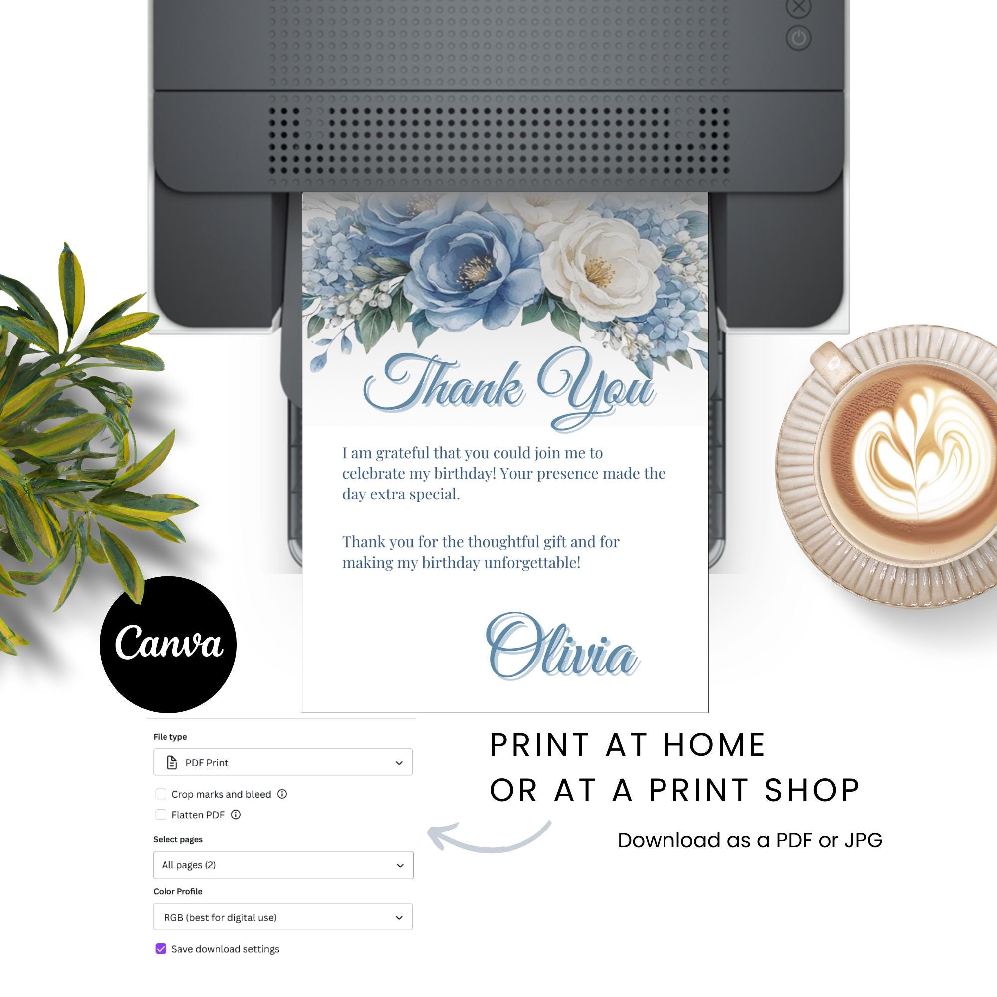 Editable Blue Floral Thank You Card Template: Birthday, Wedding ...
