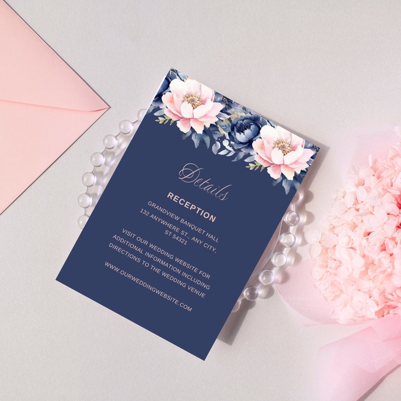 Blue Editable Wedding Details Card Template Instant Download, Printable Blue and Pink Floral ...