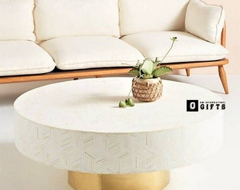 Beauty Designer Handmade Bone Inlay Geometric pattern Round Coffee Table Home Living Room Traditional Furniture Decoration