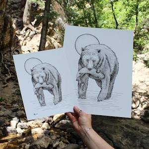 Bear and Fish Pen Wall Art 8x10&quot; and 11x14&quot; Giclee Print Black and White Home Decor Nature Drawings
