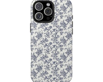Funda para teléfono vintage con estampado floral y de pájaros en color azul toile