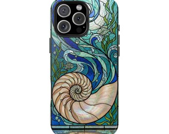 Funda para teléfono con diseño de nautilo y olas oceánicas en vidrieras