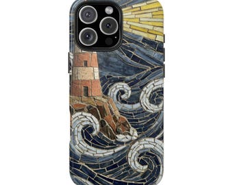 Funda para teléfono con diseño de faro de mosaico y olas arremolinadas