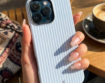 Funda para teléfono clásica de rayas verticales azul claro y blanco
