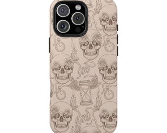 Estuche con diseño gótico vintage de calavera rosa y hora