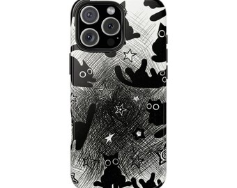 Patrón de boceto de gatos negros y estrellas caprichosos