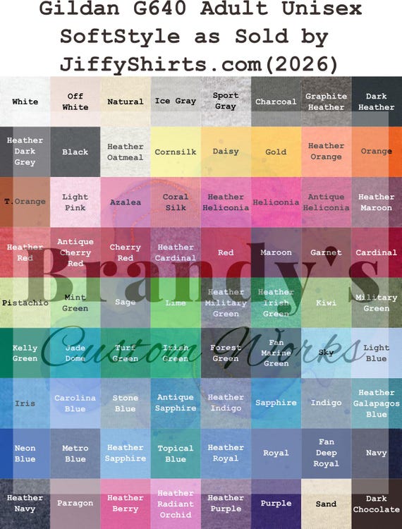 Gildan G640 Adult Unisex Softstyle Fabric Color Swatch Chart