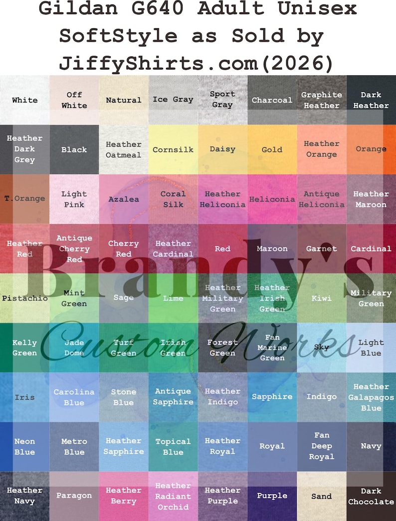 Gildan G640 Adult Unisex Softstyle Fabric Color Swatch Chart image 1