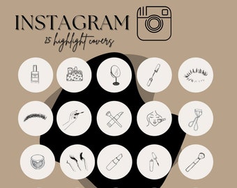 May include: A set of 25 black and white Instagram highlight covers featuring various makeup and beauty icons. The icons include eyelashes, makeup brushes, lipstick, mascara, and more.