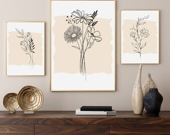 ニュートラルな壁アートプリント、植物の線画アート、ベージュの植物プリント3枚セット、ミニマリストモダンな寝室リビングルームの壁装飾、印刷可能なアート