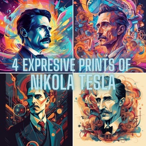 Może przedstawiać: Cztery kolorowe i ekspresyjne wydruki Nikoli Tesli, słynnego wynalazcy i inżyniera. Każdy wydruk przedstawia inny portret Tesli na tle unikalnych abstrakcyjnych kształtów i wzorów.