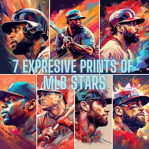 May include: A collage of seven expressive digital art prints featuring MLB stars. The prints are in a vibrant colour palette with bold lines and geometric shapes. The text "7 EXPRESSIVE PRINTS OF MLB STARS" is displayed in the centre of the collage.